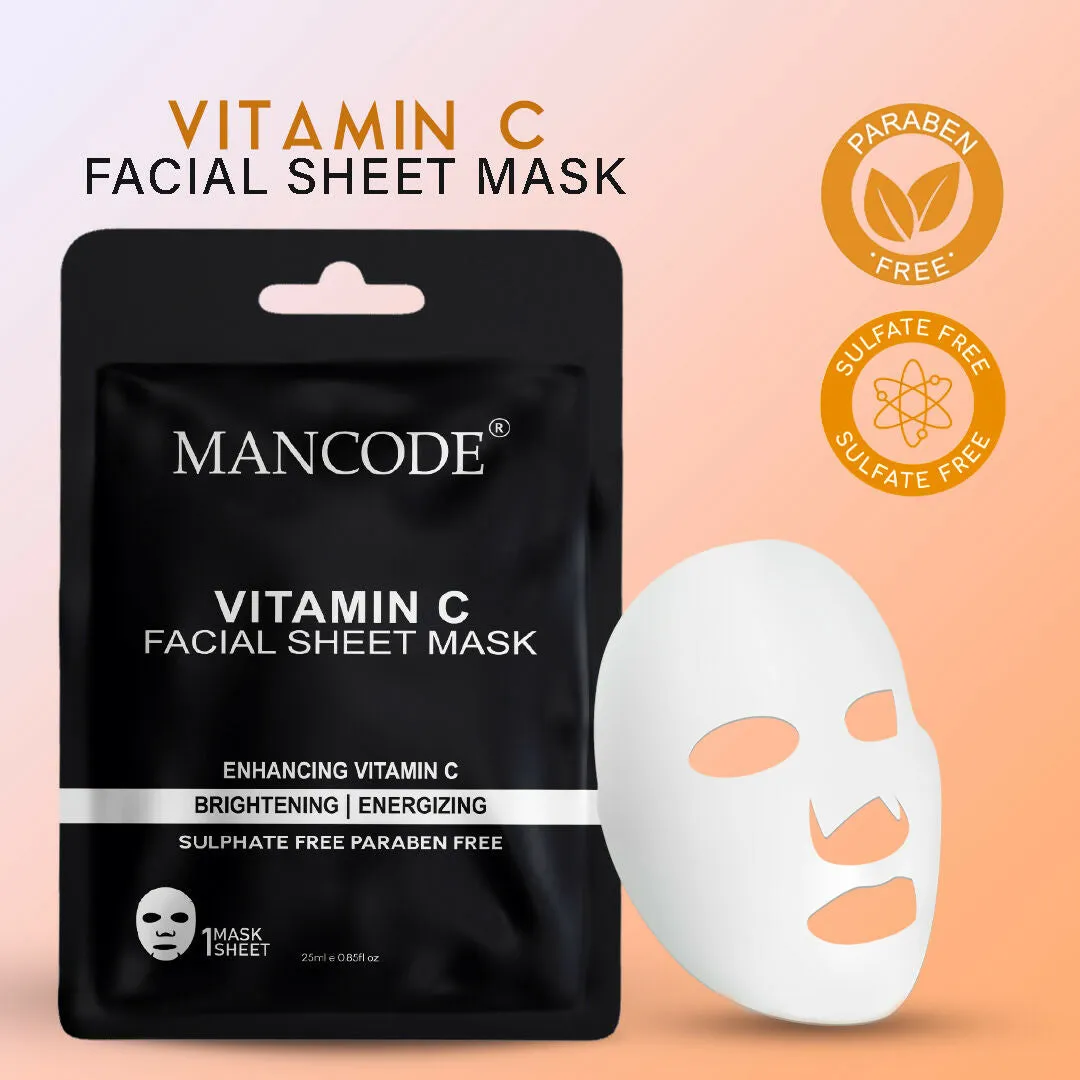 Mancode Vitamin C Facial Sheet Mask 25ml Enhancing Vitamin C Brightening Energizing Pore Reducing, Brightening and Enhances Daily Glow | Korean Sheet Mask for Men Women Sheet Mask - 25ml
