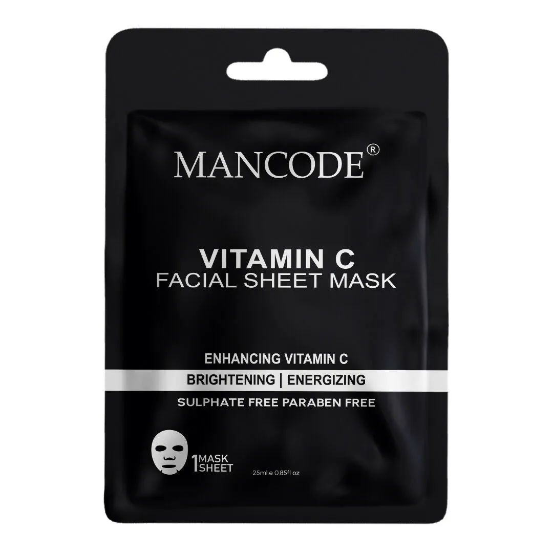 Mancode Vitamin C Facial Sheet Mask 25ml Enhancing Vitamin C Brightening Energizing Pore Reducing, Brightening and Enhances Daily Glow | Korean Sheet Mask for Men Women Sheet Mask - 25ml