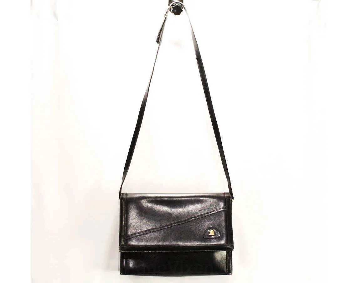 Mark Cross Purse - Designer 1980s Shoulder Bag - Supple Navy Blue Leather & Goldtone Logo - Adjustable Strap Handbag - Early 80s Flap Front