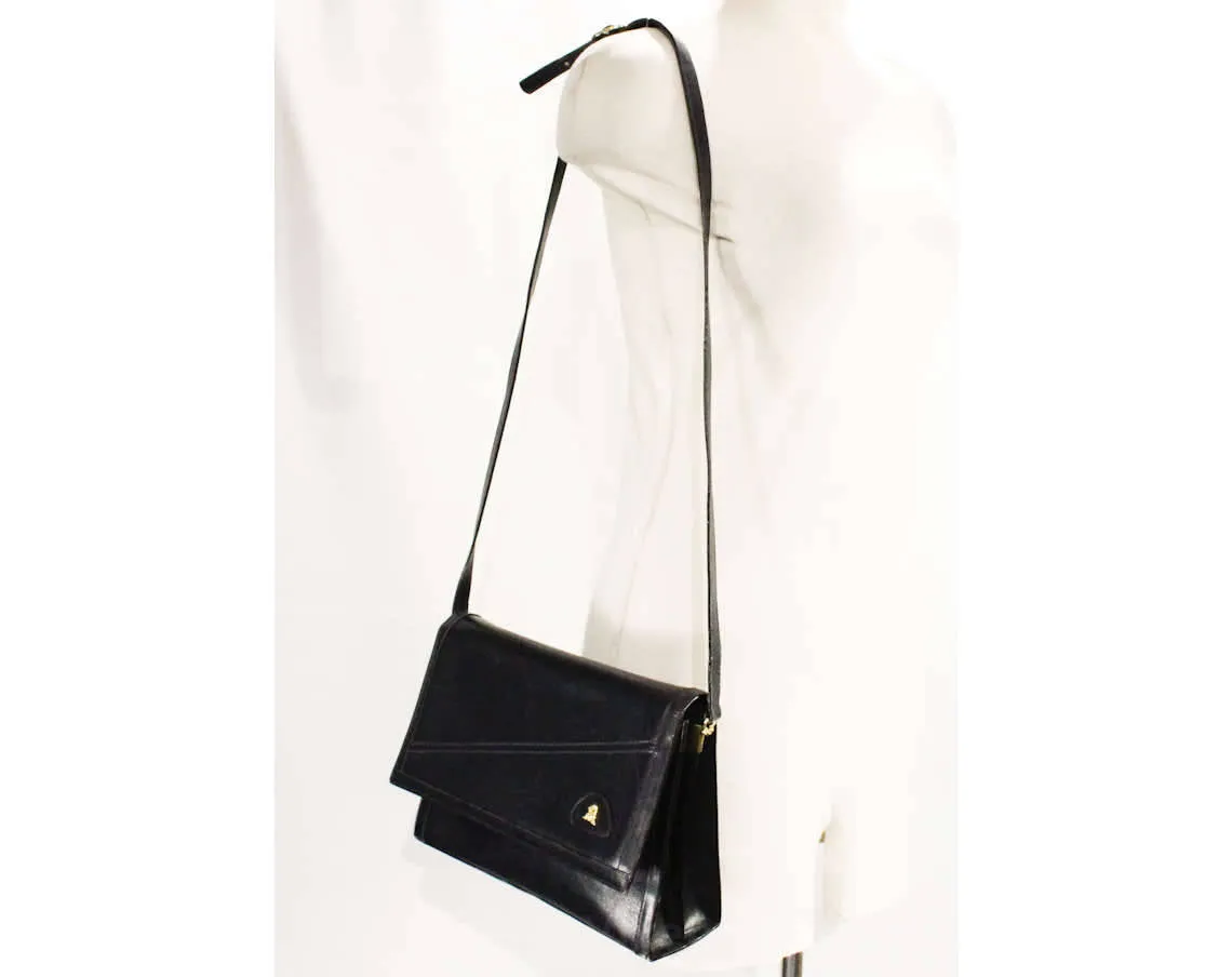 Mark Cross Purse - Designer 1980s Shoulder Bag - Supple Navy Blue Leather & Goldtone Logo - Adjustable Strap Handbag - Early 80s Flap Front