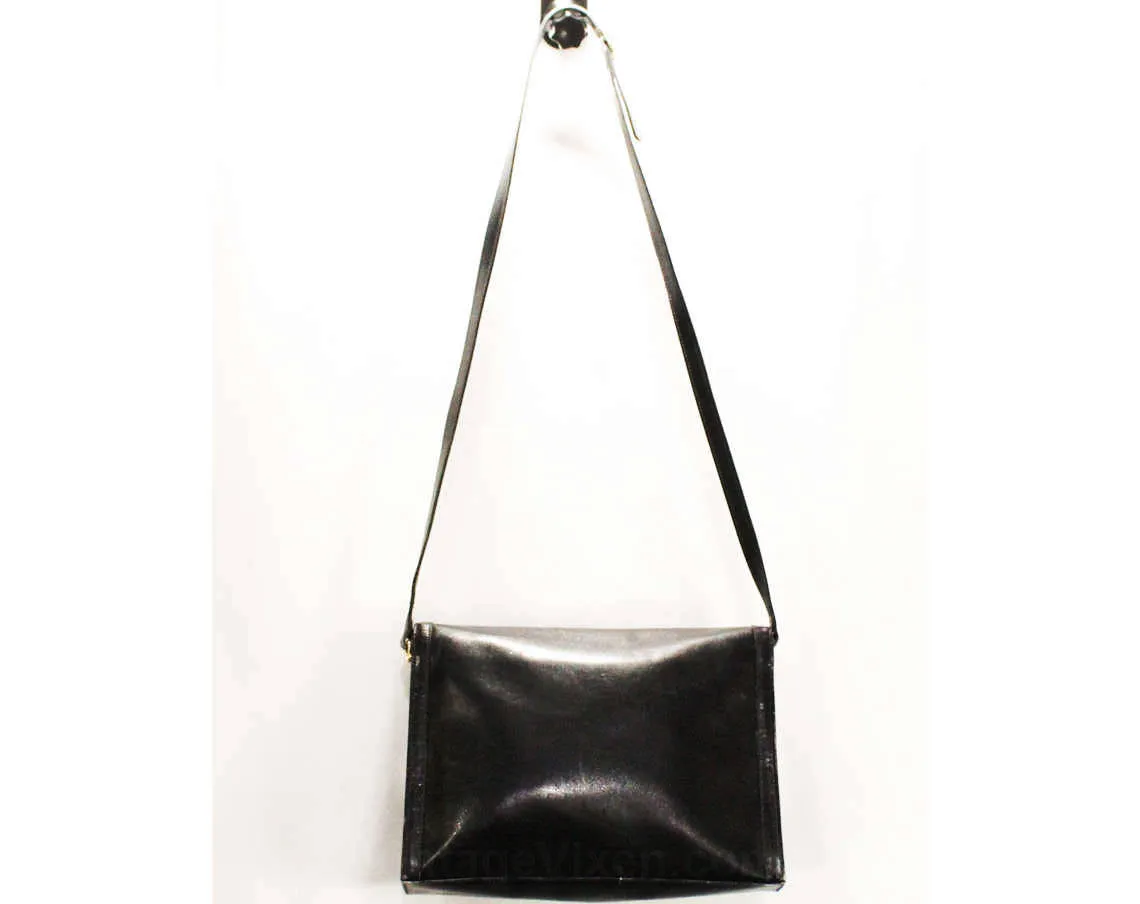 Mark Cross Purse - Designer 1980s Shoulder Bag - Supple Navy Blue Leather & Goldtone Logo - Adjustable Strap Handbag - Early 80s Flap Front