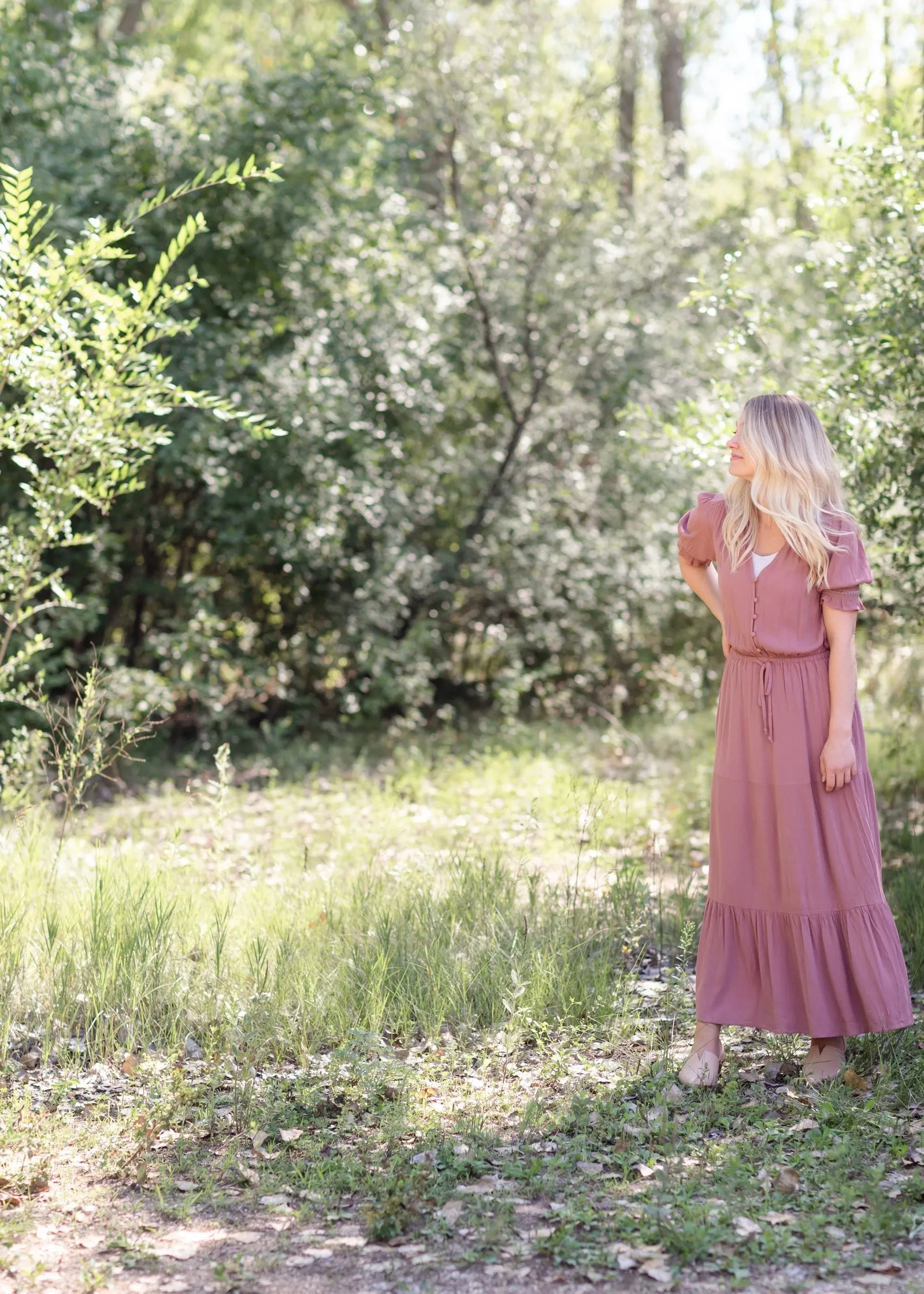 Mauve Gauze Puff Sleeve Maxi Dress