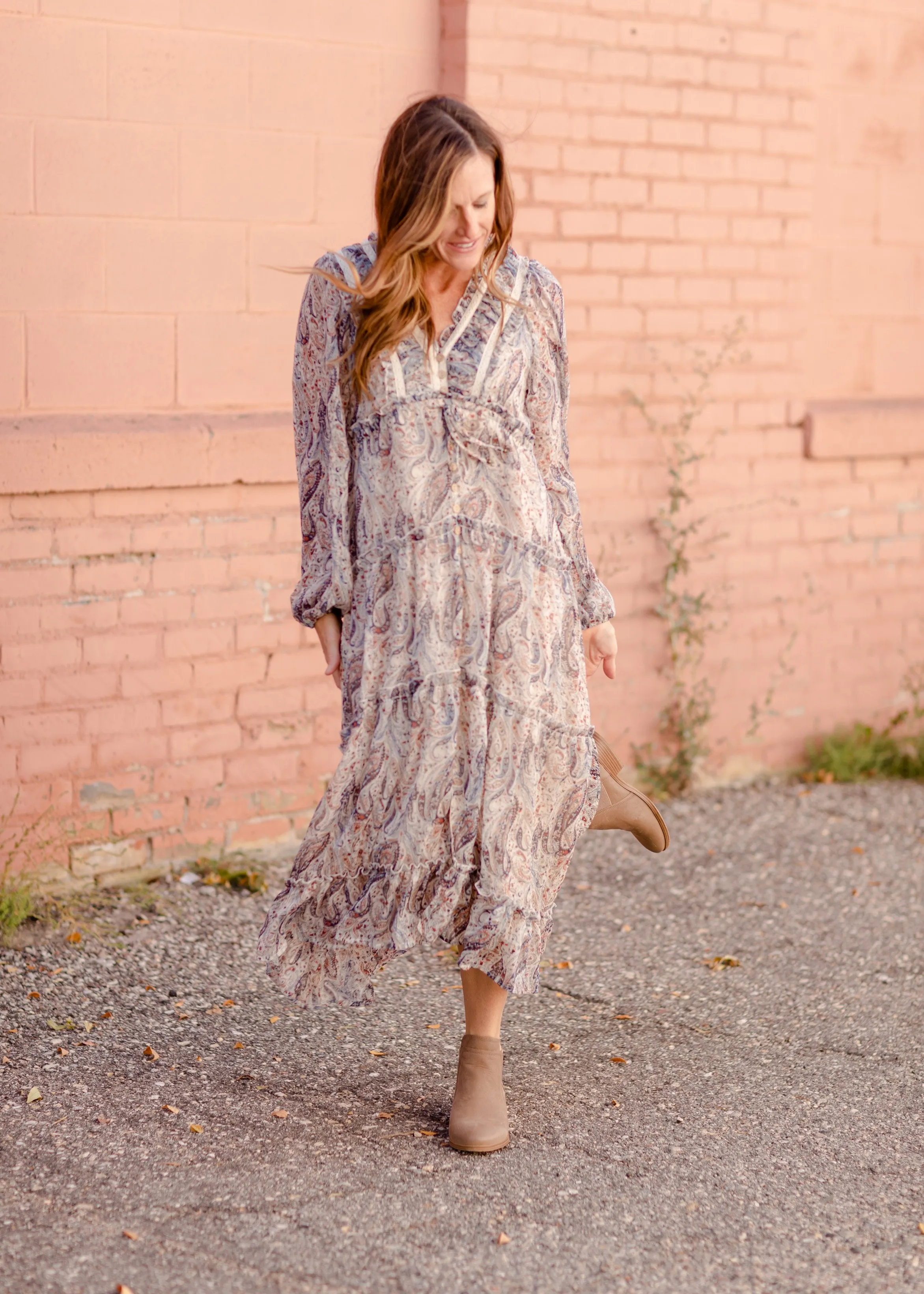 Paisley Lace Trim Button V-Neck Tiered Maxi Dress - FINAL SALE