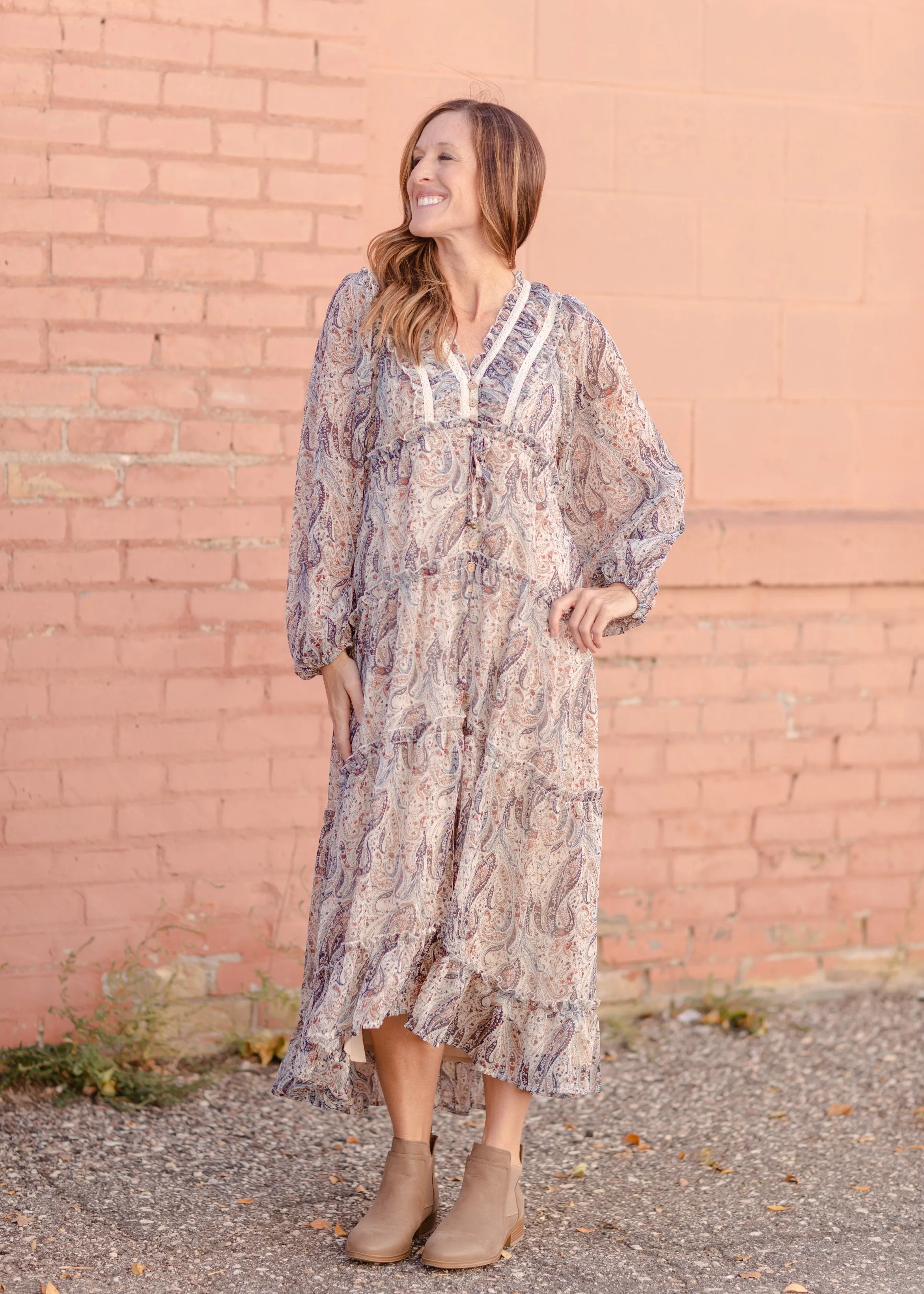 Paisley Lace Trim Button V-Neck Tiered Maxi Dress - FINAL SALE