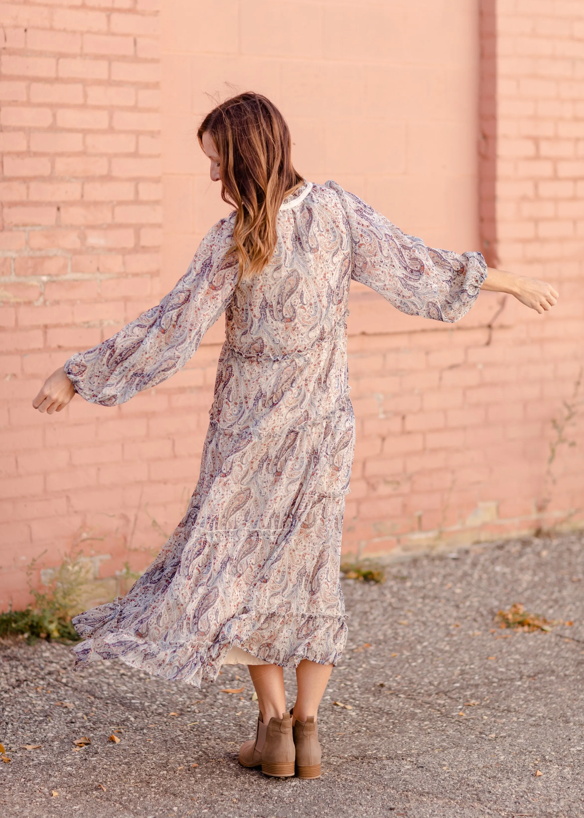 Paisley Lace Trim Button V-Neck Tiered Maxi Dress - FINAL SALE