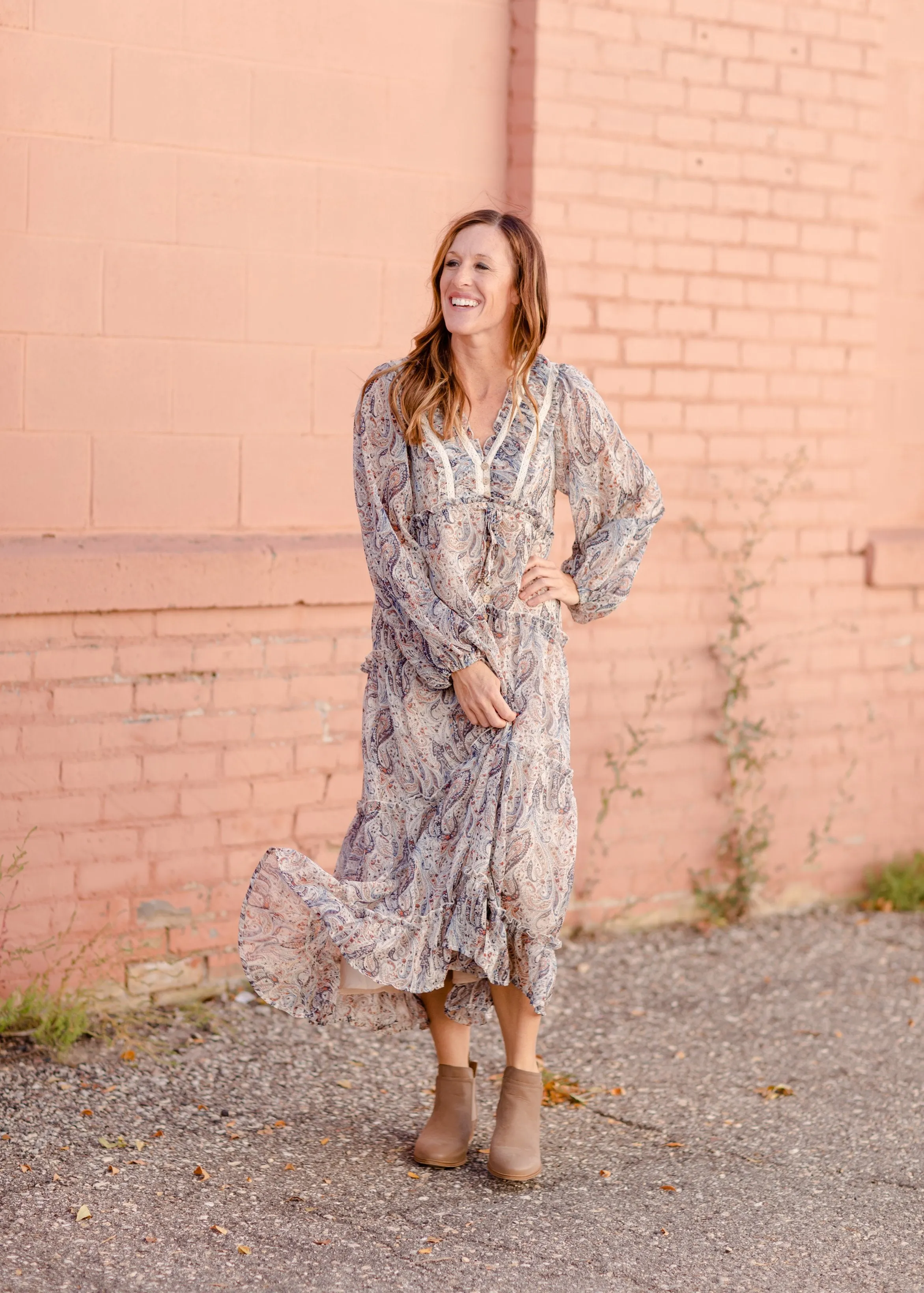 Paisley Lace Trim Button V-Neck Tiered Maxi Dress - FINAL SALE