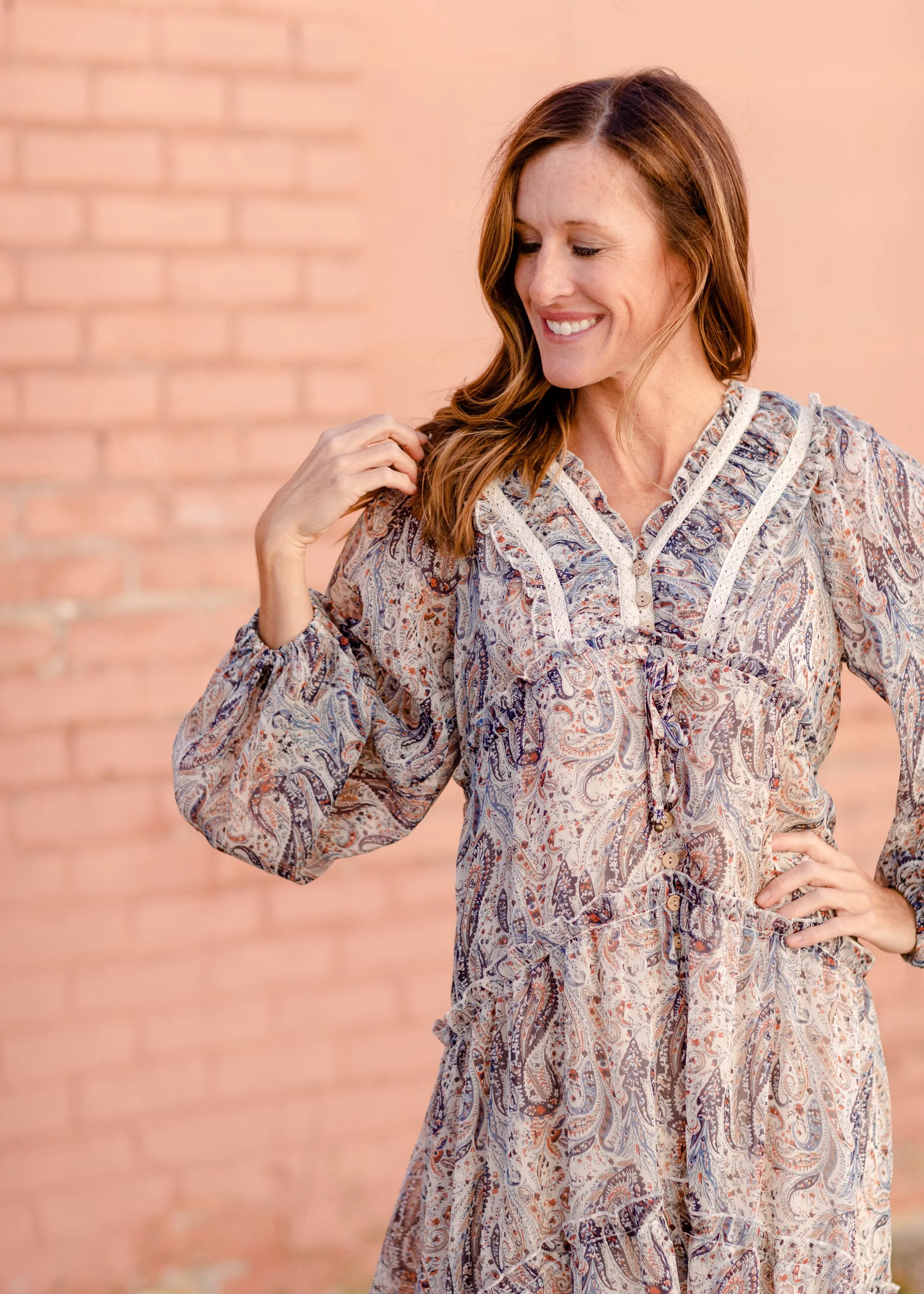 Paisley Lace Trim Button V-Neck Tiered Maxi Dress - FINAL SALE