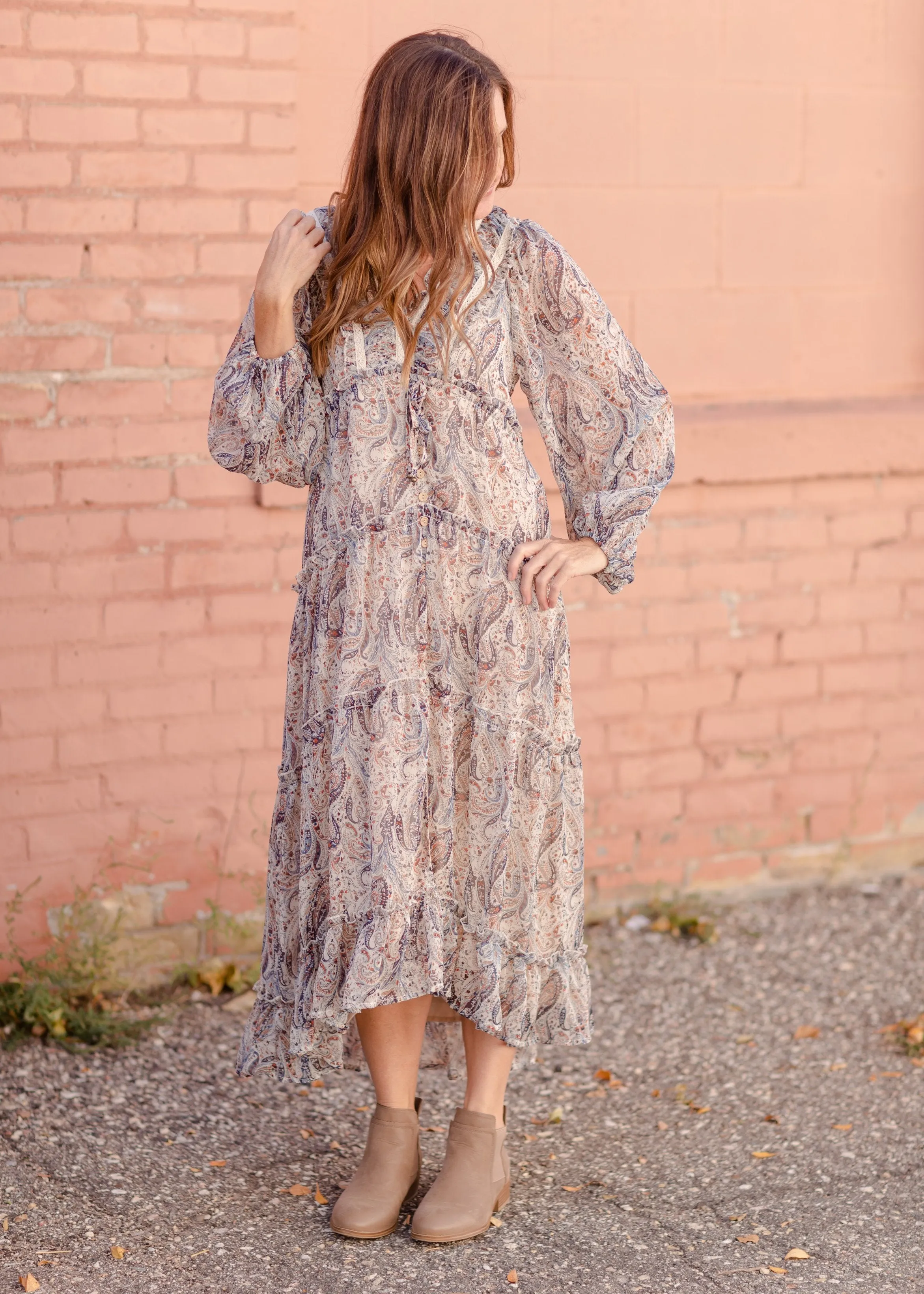 Paisley Lace Trim Button V-Neck Tiered Maxi Dress - FINAL SALE