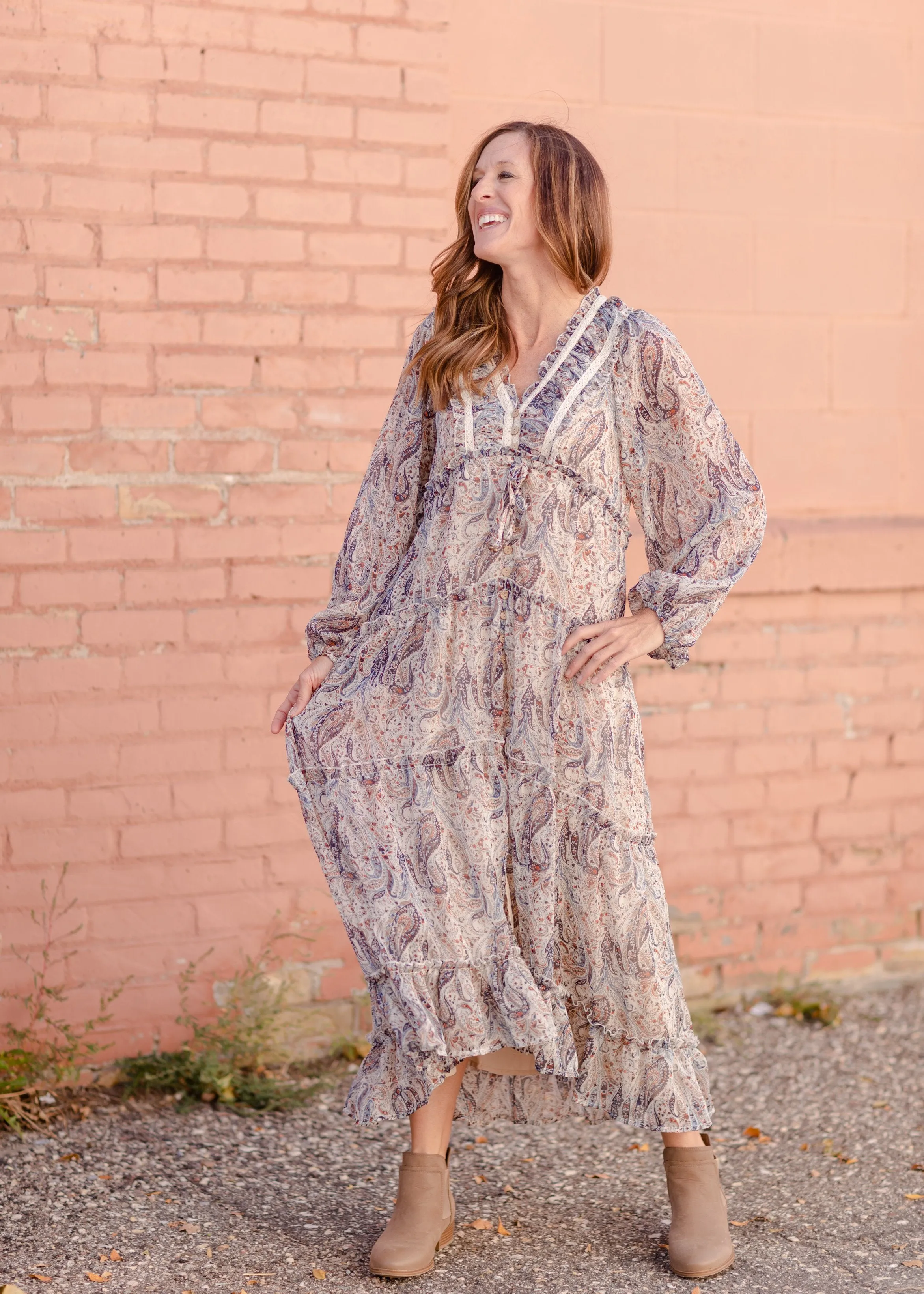 Paisley Lace Trim Button V-Neck Tiered Maxi Dress - FINAL SALE