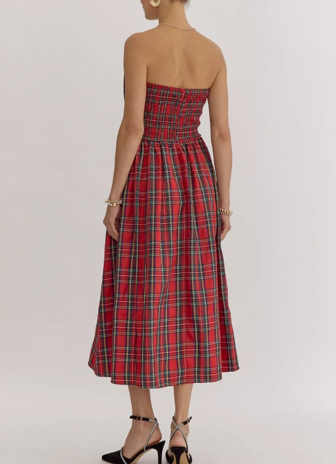 Plaid Strapless Midi Dress
