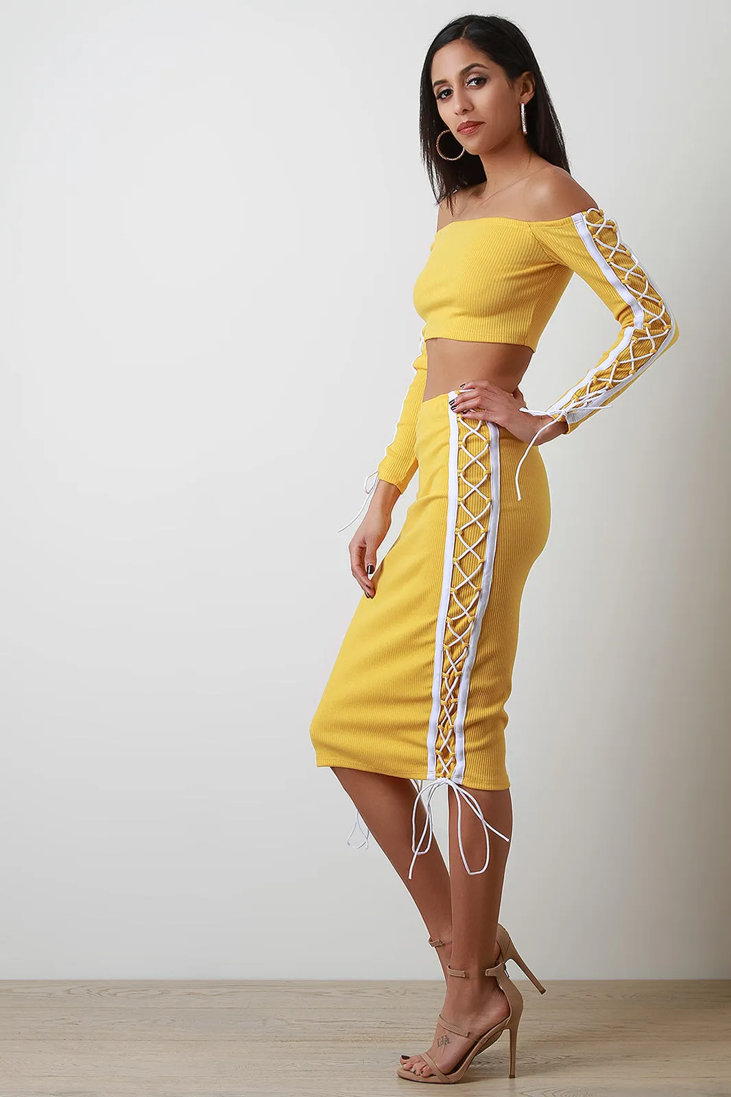 Side Lace Up Crop Top With High Waisted Midi Skirt Set