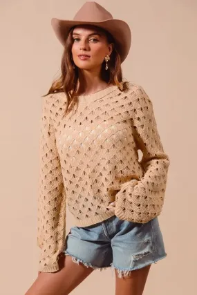 Tan Geometric Open Knit Lightweight Sweater Top