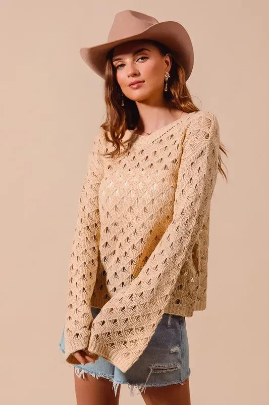 Tan Geometric Open Knit Lightweight Sweater Top