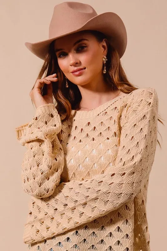 Tan Geometric Open Knit Lightweight Sweater Top