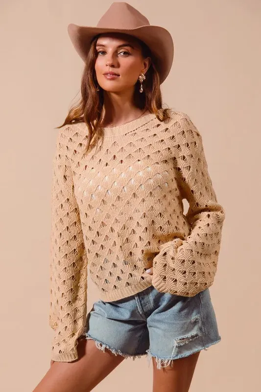 Tan Geometric Open Knit Lightweight Sweater Top