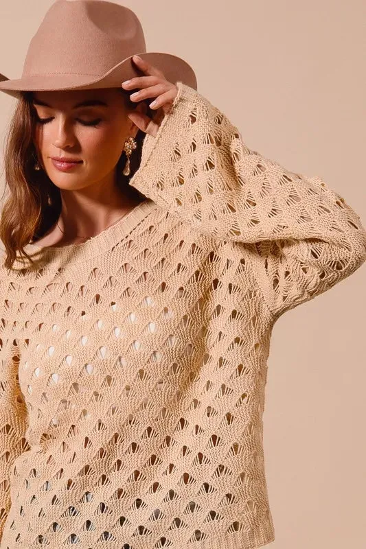 Tan Geometric Open Knit Lightweight Sweater Top