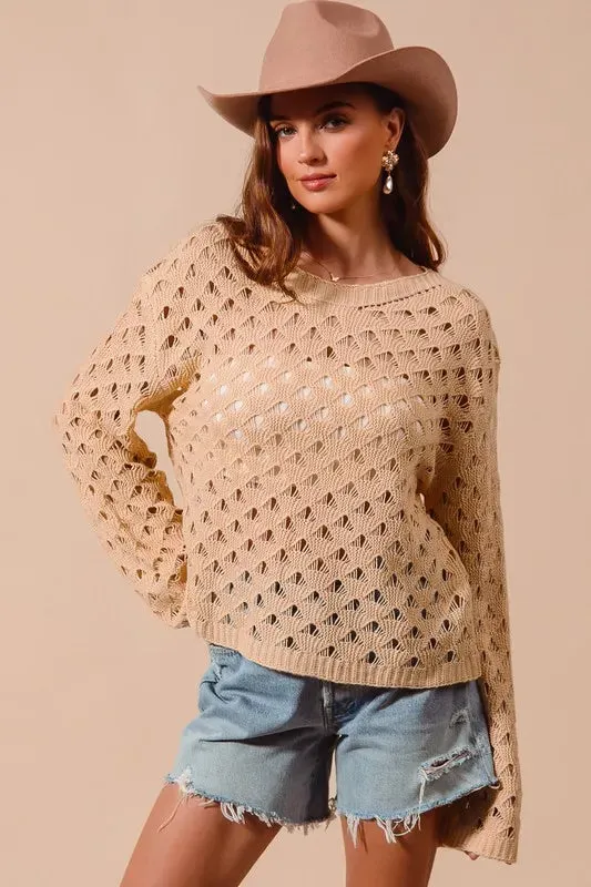 Tan Geometric Open Knit Lightweight Sweater Top