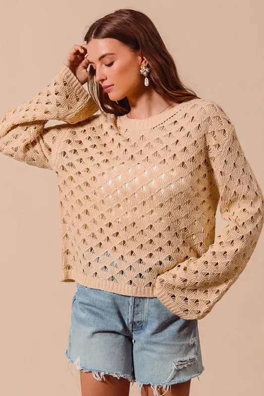 Tan Geometric Open Knit Lightweight Sweater Top
