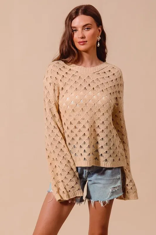 Tan Geometric Open Knit Lightweight Sweater Top
