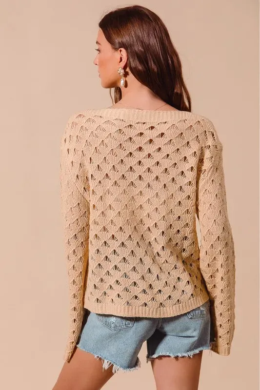 Tan Geometric Open Knit Lightweight Sweater Top