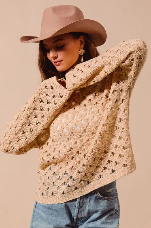 Tan Geometric Open Knit Lightweight Sweater Top
