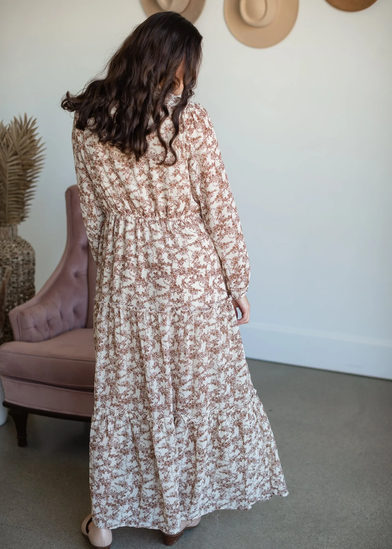 Taupe Ruffle Button Up Floral Chiffon Maxi Dress - FINAL SALE