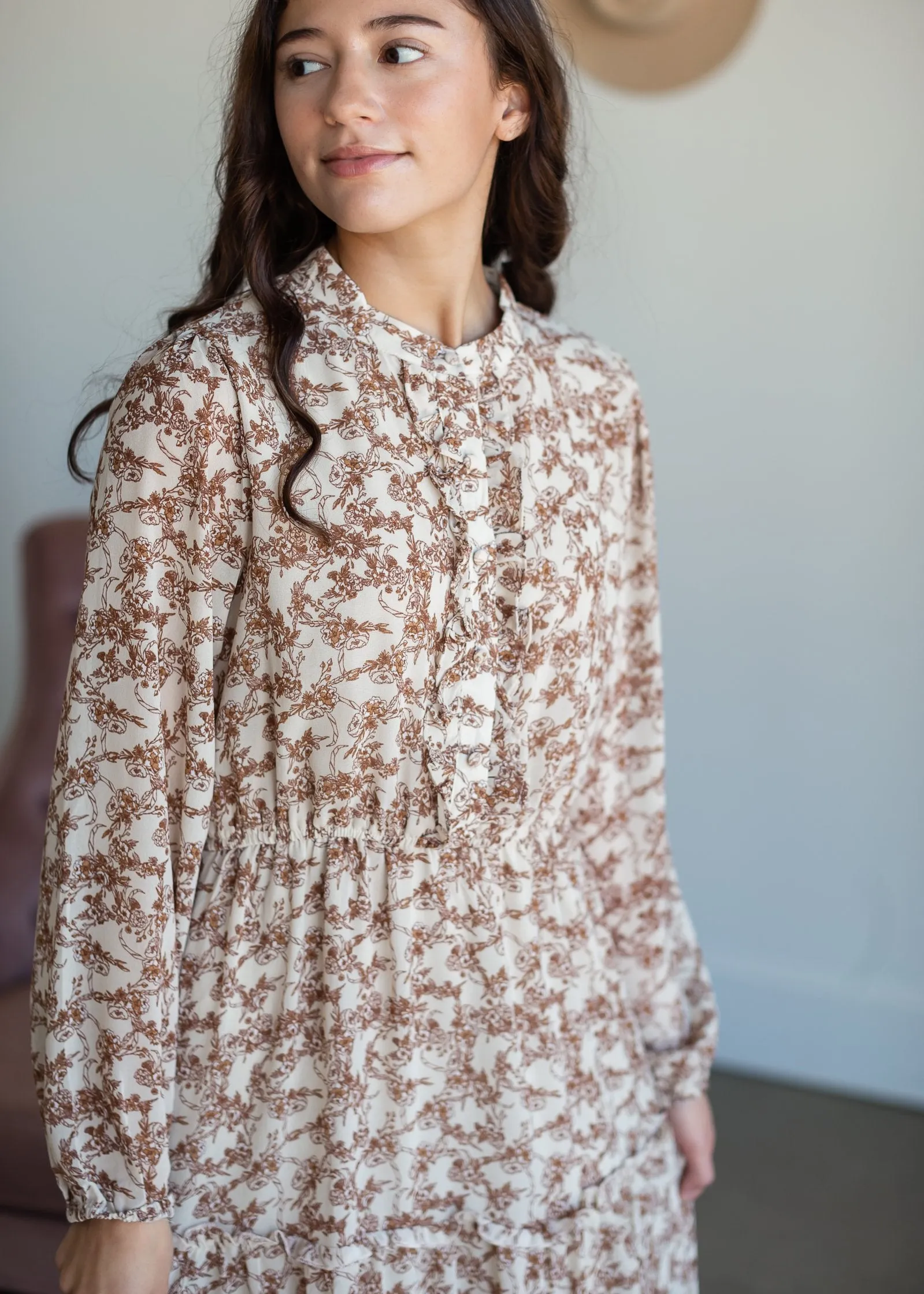 Taupe Ruffle Button Up Floral Chiffon Maxi Dress - FINAL SALE