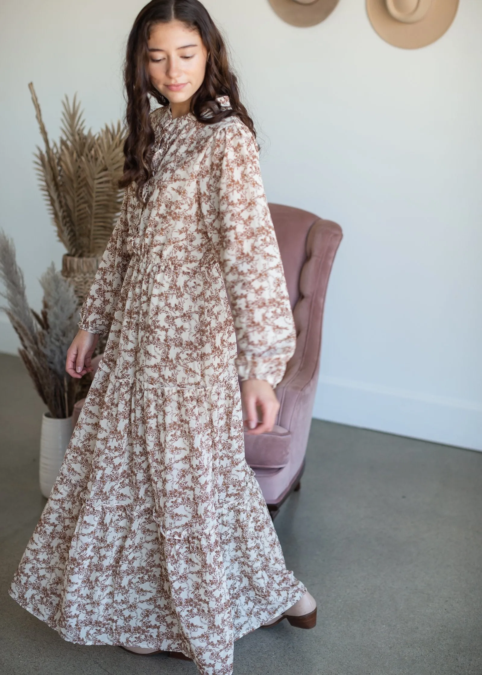 Taupe Ruffle Button Up Floral Chiffon Maxi Dress - FINAL SALE