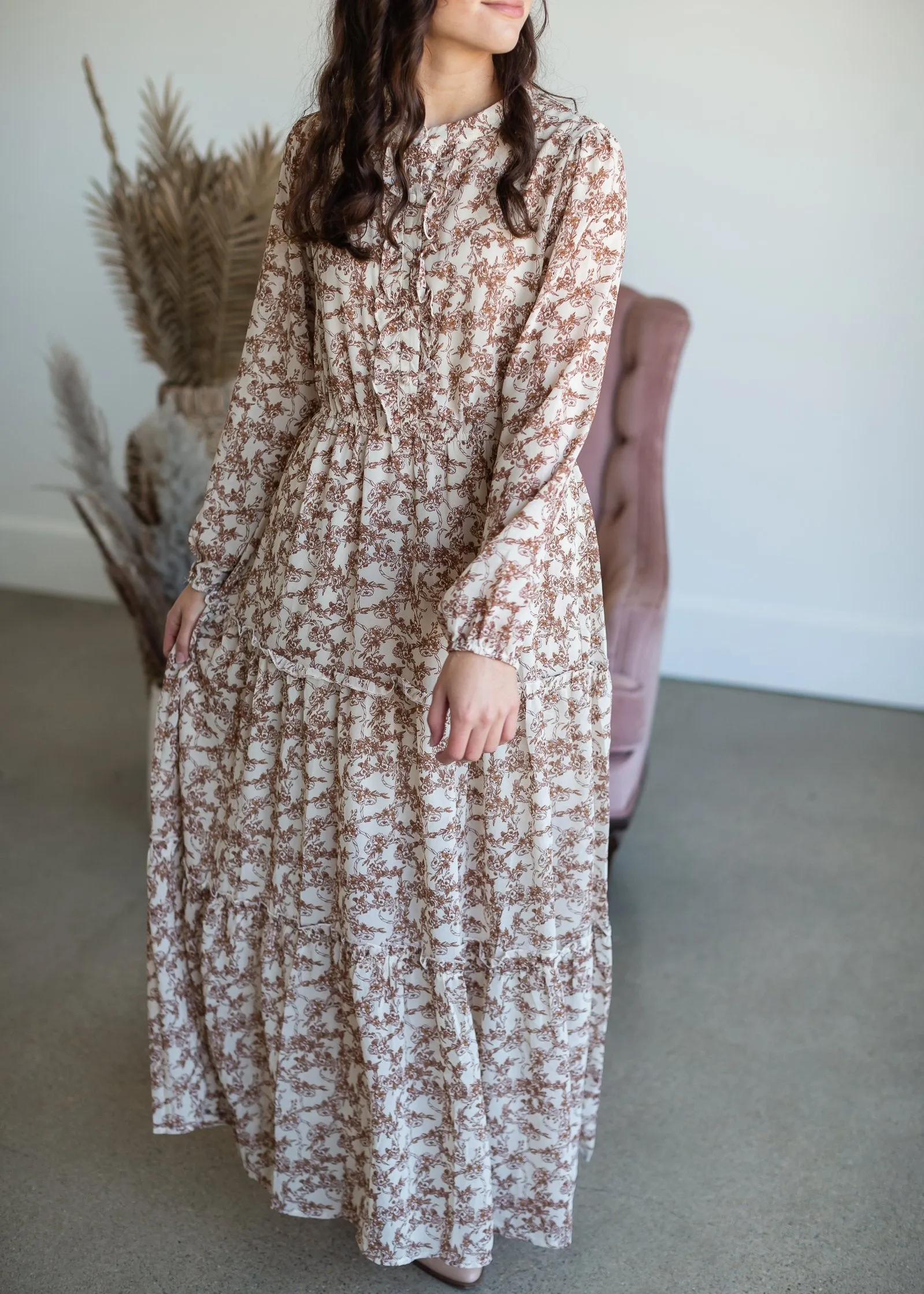 Taupe Ruffle Button Up Floral Chiffon Maxi Dress - FINAL SALE