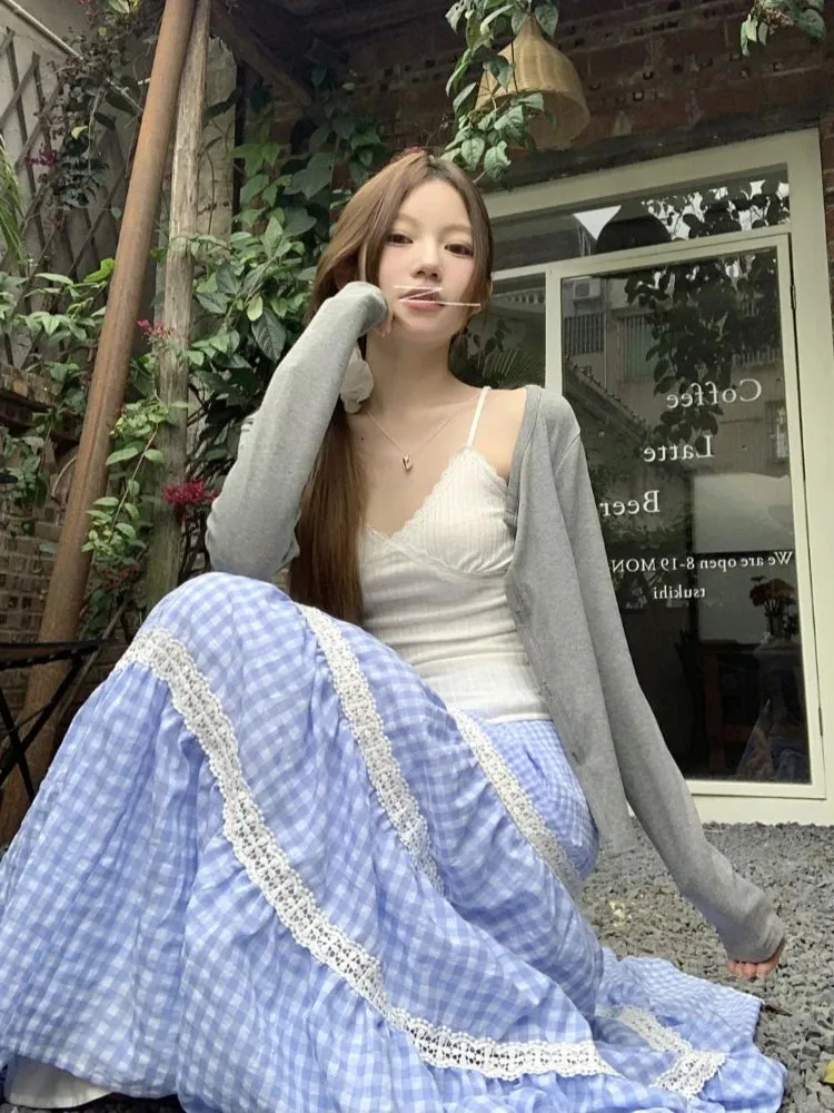 TAVIMART  -  Blue Plaid Maxi Skirt Women Lace Patchwork Tiered Long Skirts for Women Korean Fashion High Wasit A-line Coquette Dress