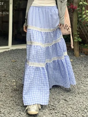TAVIMART  -  Blue Plaid Maxi Skirt Women Lace Patchwork Tiered Long Skirts for Women Korean Fashion High Wasit A-line Coquette Dress