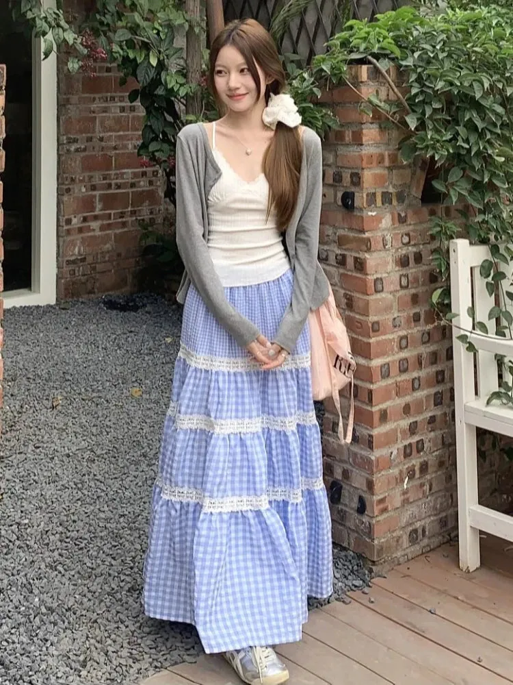 TAVIMART  -  Blue Plaid Maxi Skirt Women Lace Patchwork Tiered Long Skirts for Women Korean Fashion High Wasit A-line Coquette Dress