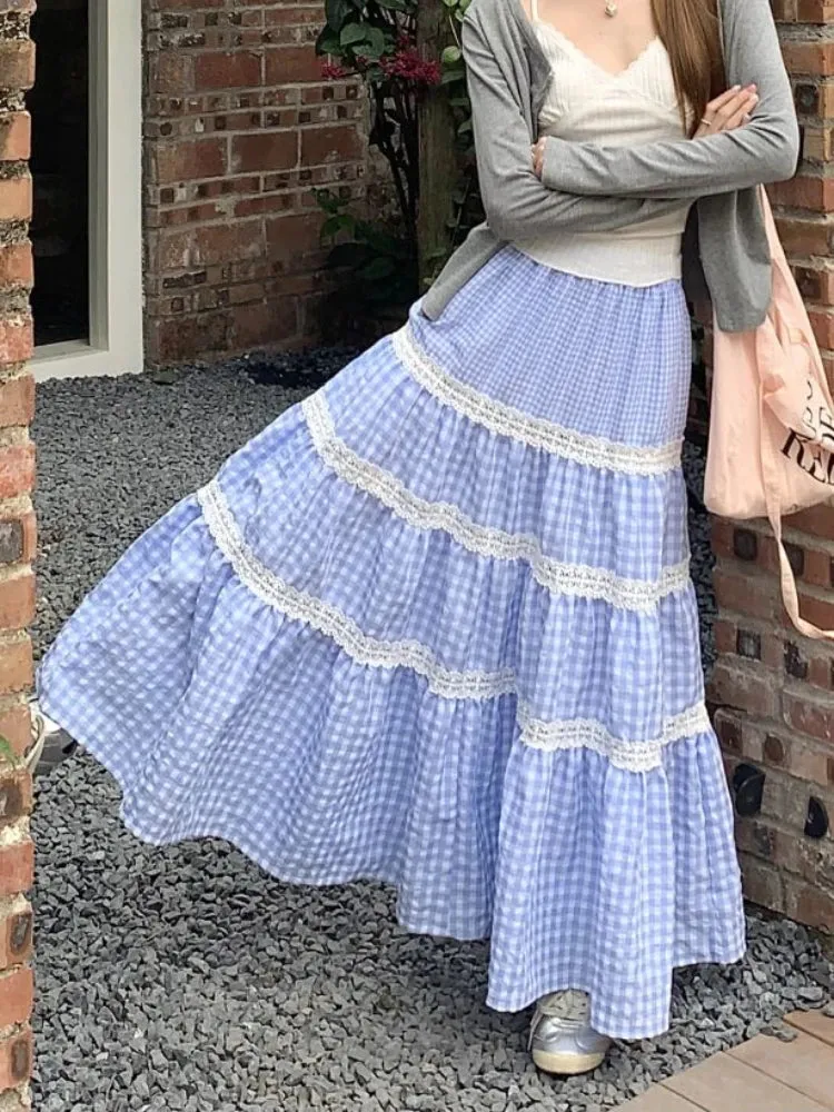 TAVIMART  -  Blue Plaid Maxi Skirt Women Lace Patchwork Tiered Long Skirts for Women Korean Fashion High Wasit A-line Coquette Dress