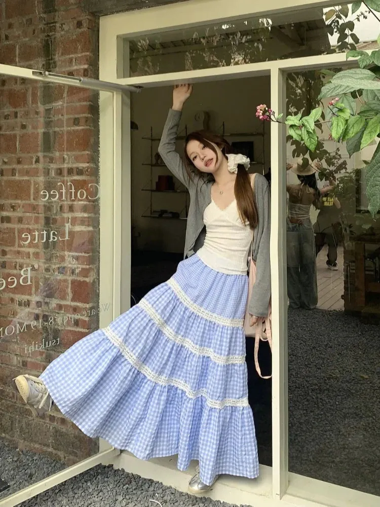 TAVIMART  -  Blue Plaid Maxi Skirt Women Lace Patchwork Tiered Long Skirts for Women Korean Fashion High Wasit A-line Coquette Dress