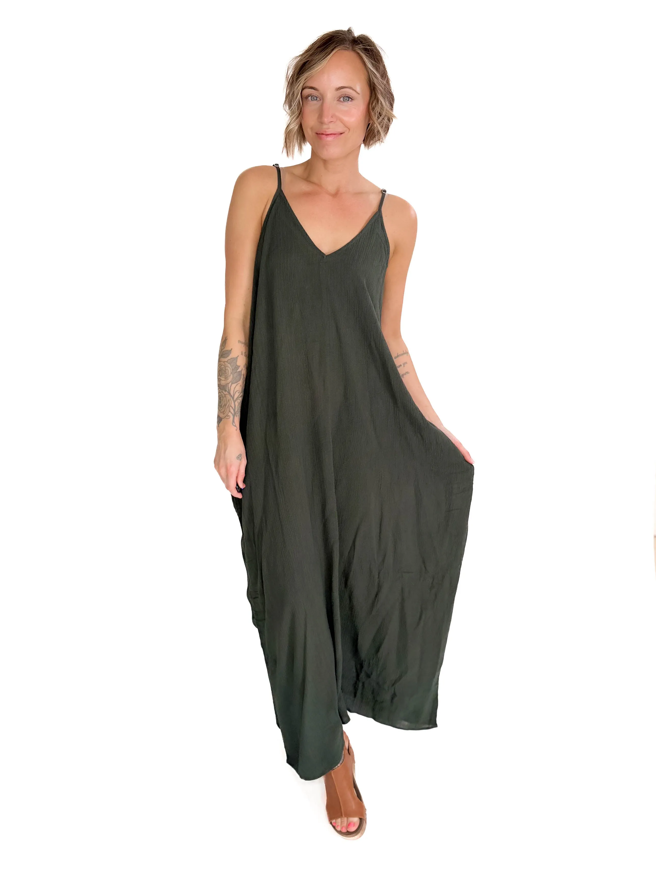 The Original V-Neck Cocoon Maxi Dress- ARMY GREEN