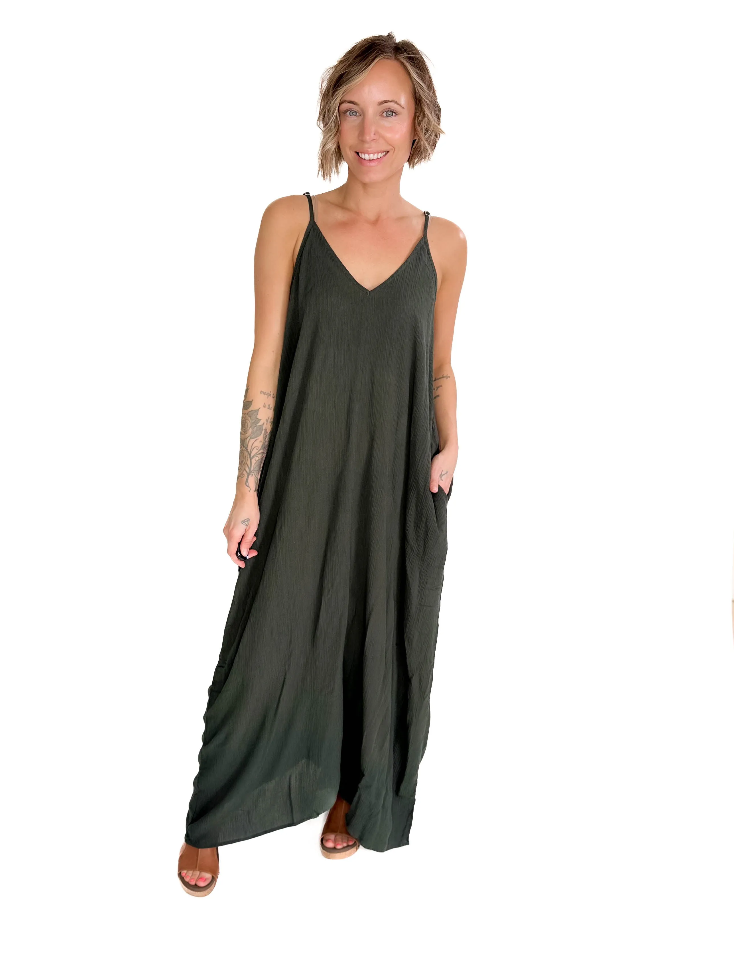 The Original V-Neck Cocoon Maxi Dress- ARMY GREEN