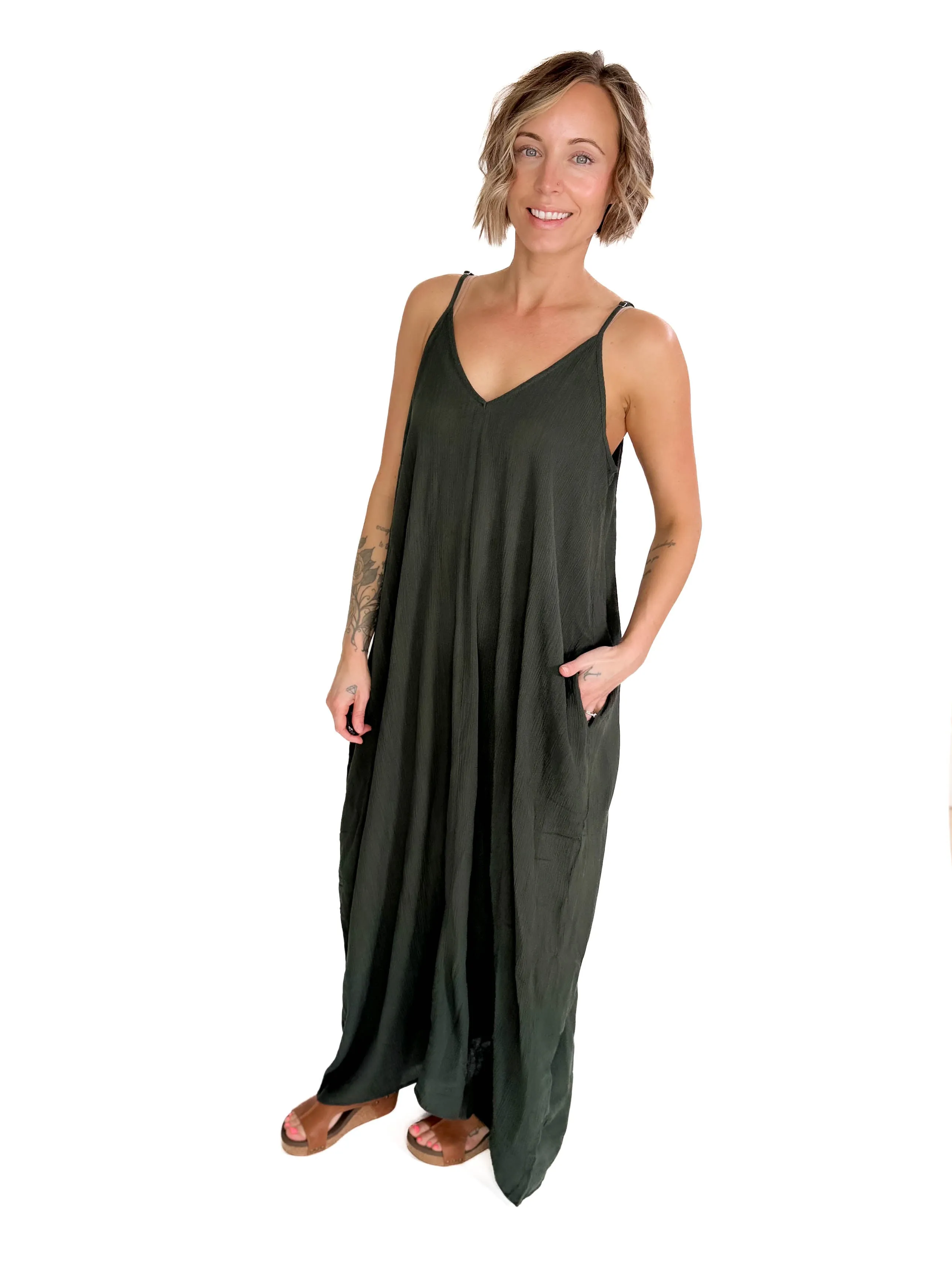 The Original V-Neck Cocoon Maxi Dress- ARMY GREEN