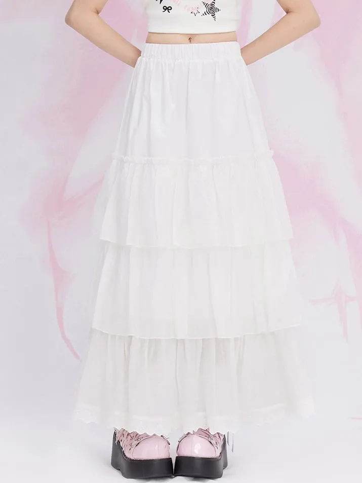 White Lace Trim Tiered Maxi Skirt