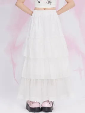 White Lace Trim Tiered Maxi Skirt